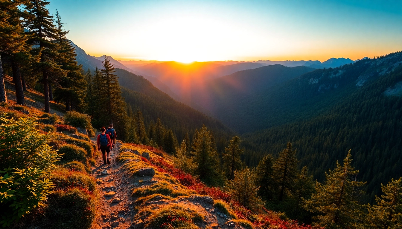 Hikers enjoying a scenic hike on a lush trail through vibrant nature, emphasizing outdoor adventure.