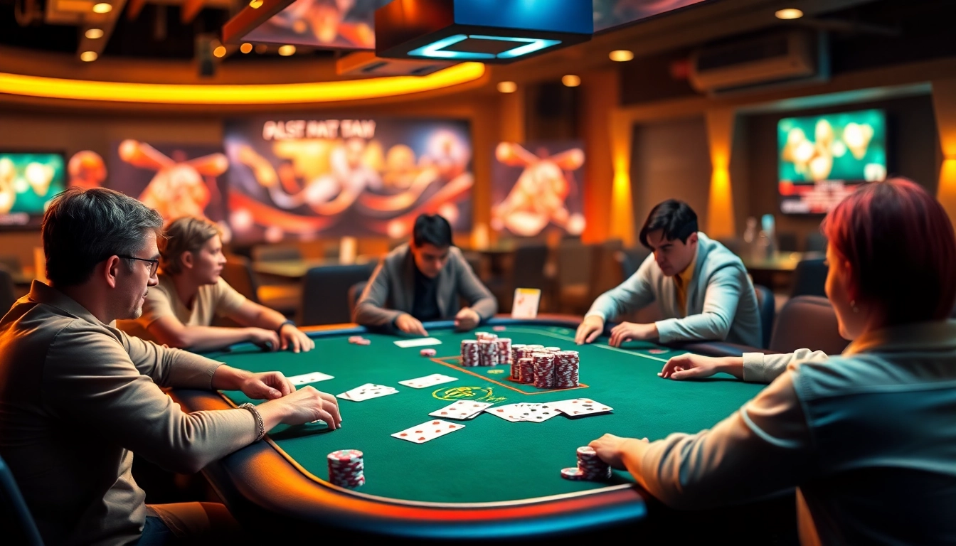 Clubgg poker community engaging in online poker games with colorful chips and cards, emphasizing skill and fun.