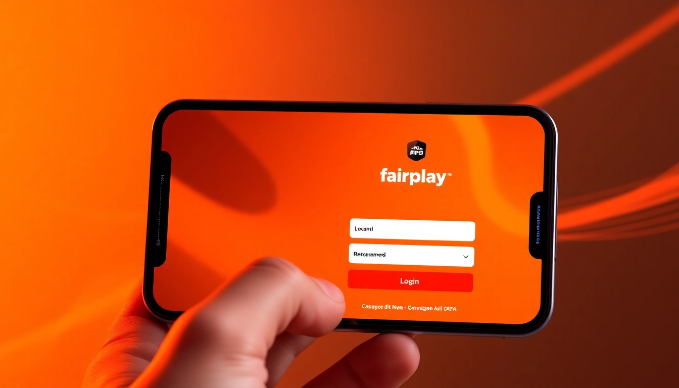 Fairplay login page with vibrant orange and black design, showing user signing in on mobile device.
