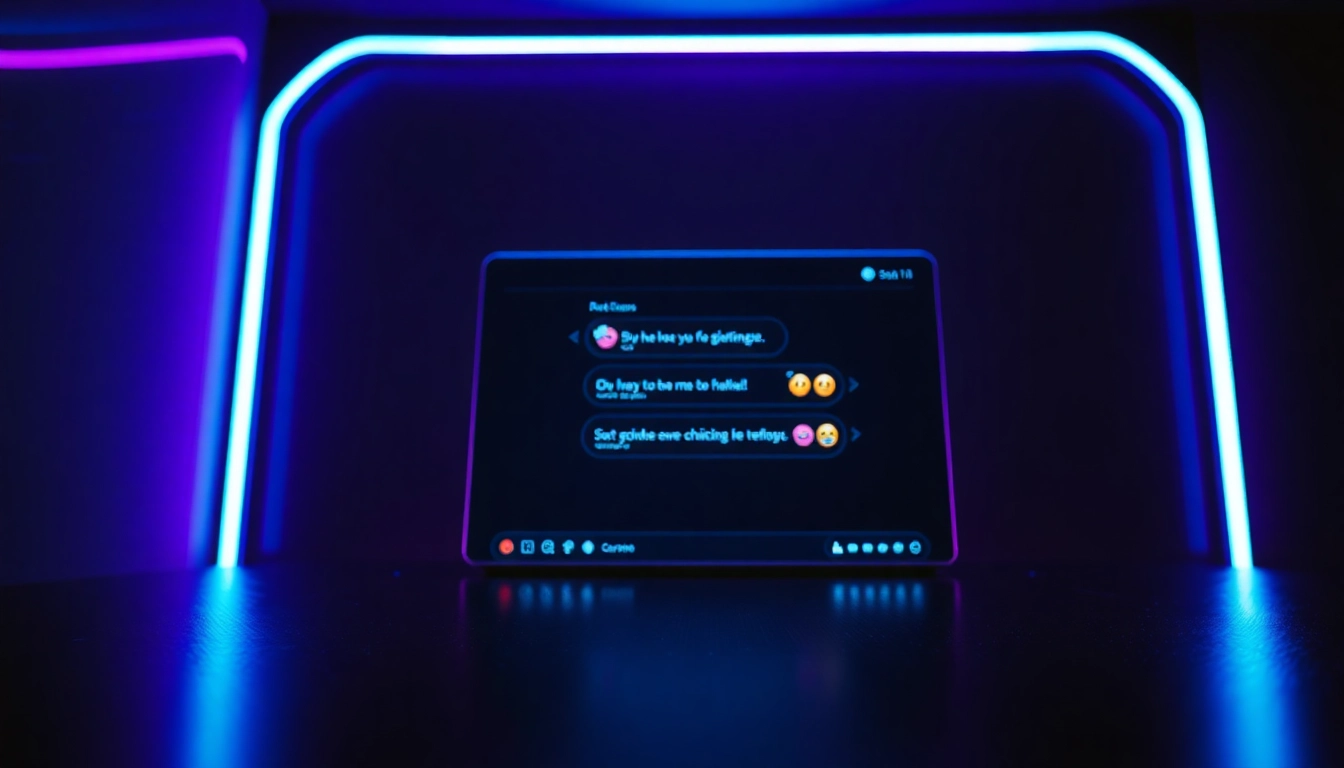 Futuristic digital chat interface with neon colors and suggestive conversation visuals.