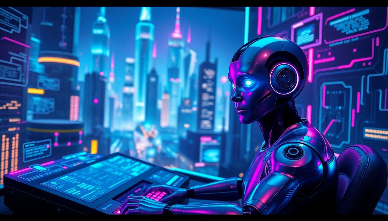 Futuristic AI chatbot with holographic interfaces in a cyber cityscape