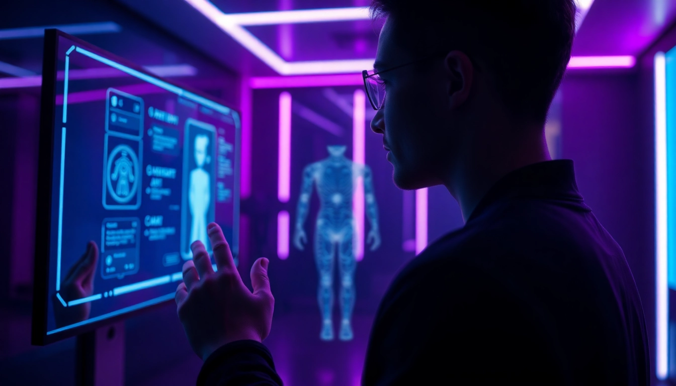 Futuristic AI chatbot interaction with a holographic character in a neon-lit modern room
