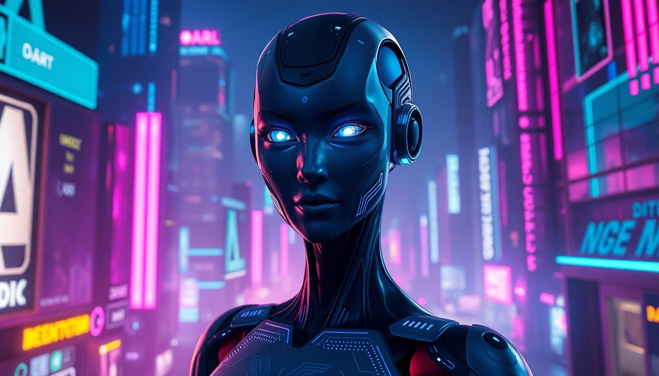 Futuristic humanoid AI character in a neon-lit cyberpunk city at night