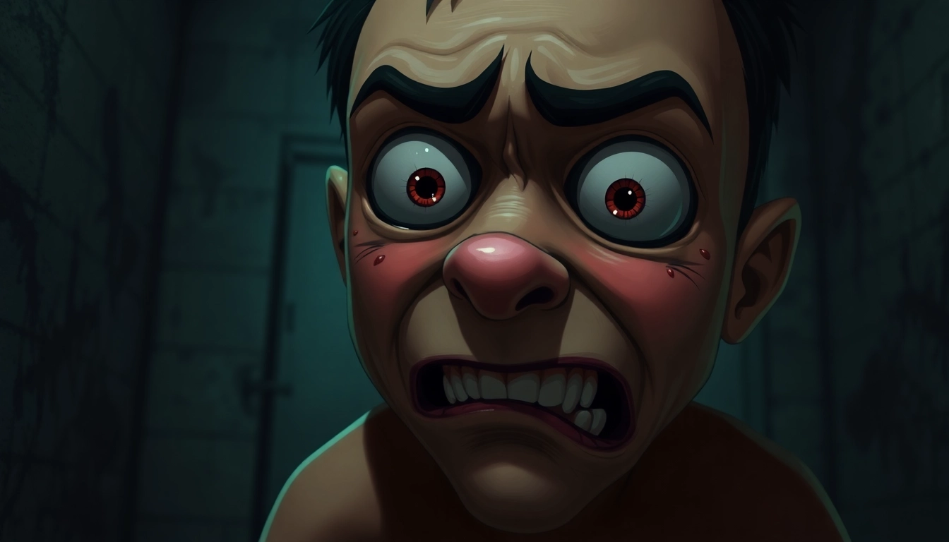 A distressed Harvey character showing fear and pain in a dark, gritty setting.