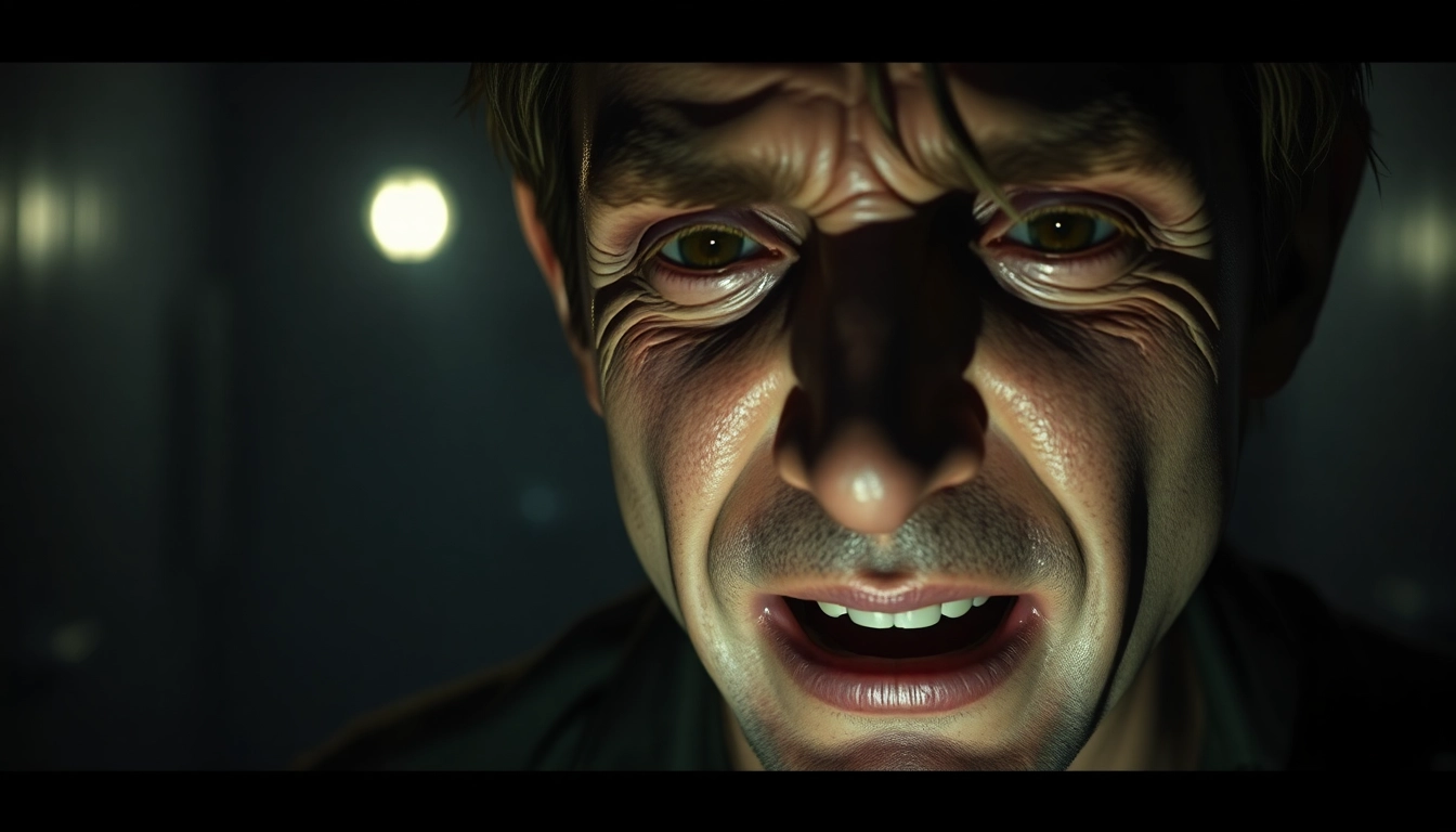 A disturbing close-up of Harvey showing pain and fear in a dark, gritty setting.