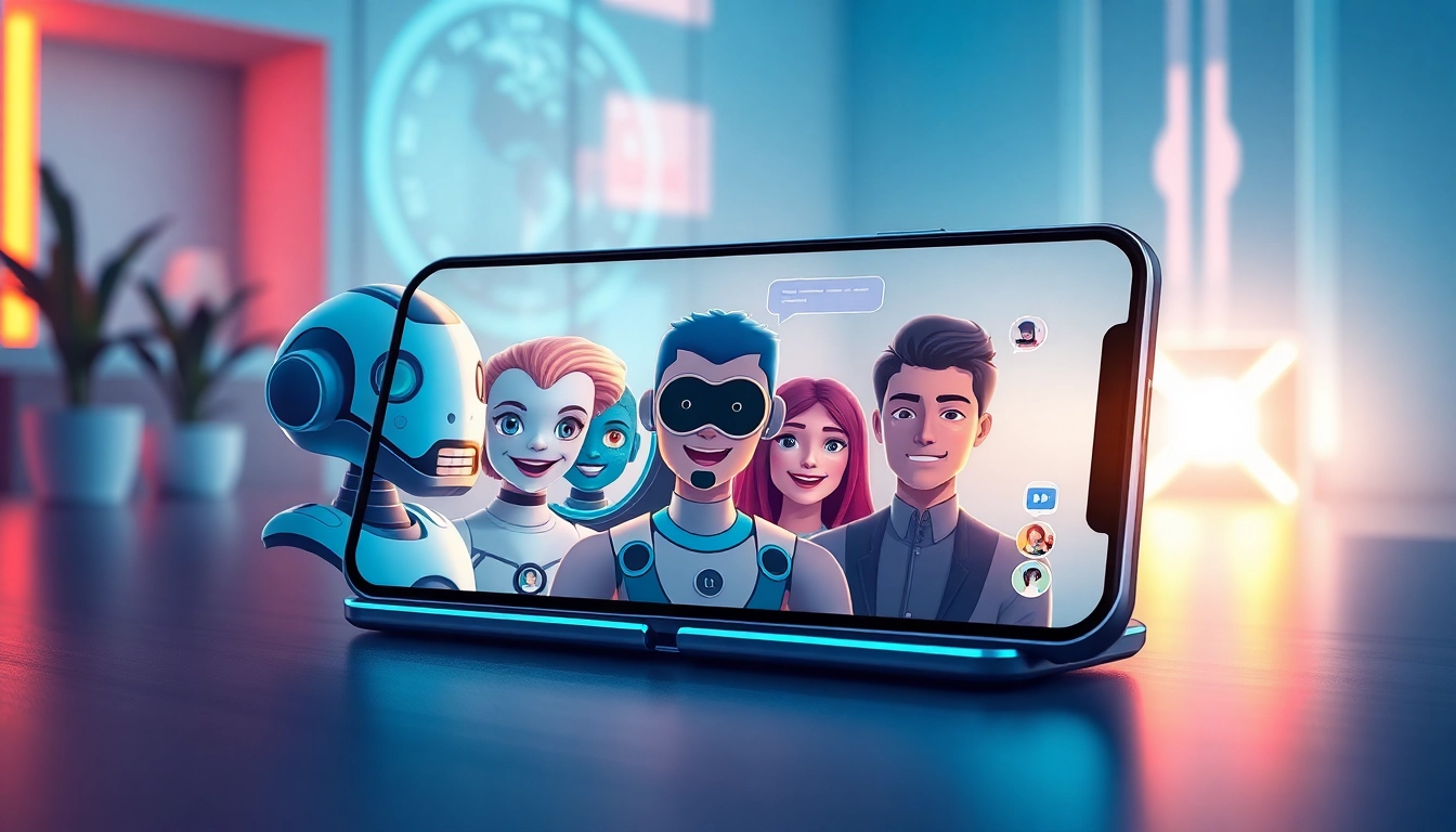 Futuristic chat interface on a mobile device featuring diverse AI characters in a modern setting