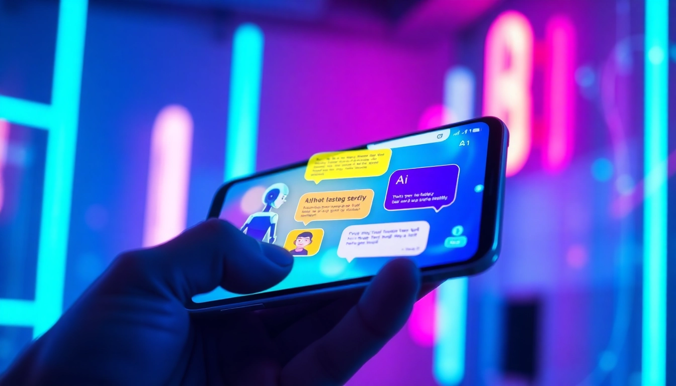 Mobile device displaying a colorful AI chat interface with animated characters and neon lights.