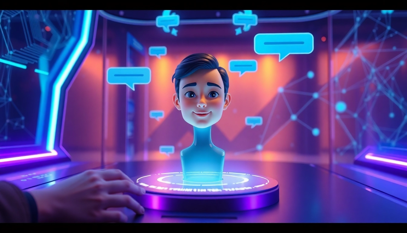 A user interacting with a holographic AI character in a sleek, futuristic digital environment.