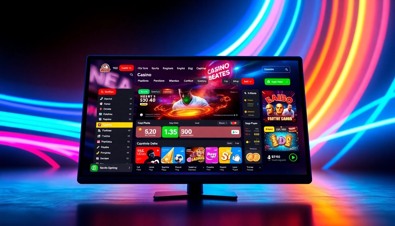 Illustration of an online sportsbook interface with neon lights and dynamic betting options on a digital screen.