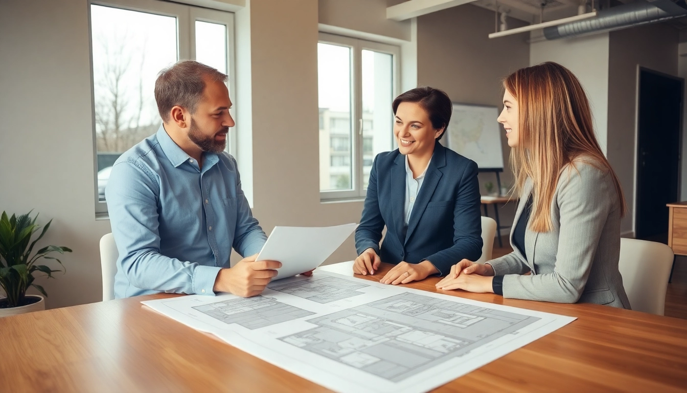 Expert Immobilien Grevenbroich agents advising clients in a contemporary setting with detailed property plans, showcasing trust and local market knowledge.