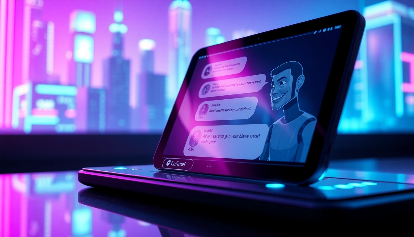 Futuristic digital chat interface with AI characters in a neon-lit cyberpunk cityscape, emphasizing modern AI adult chat themes.