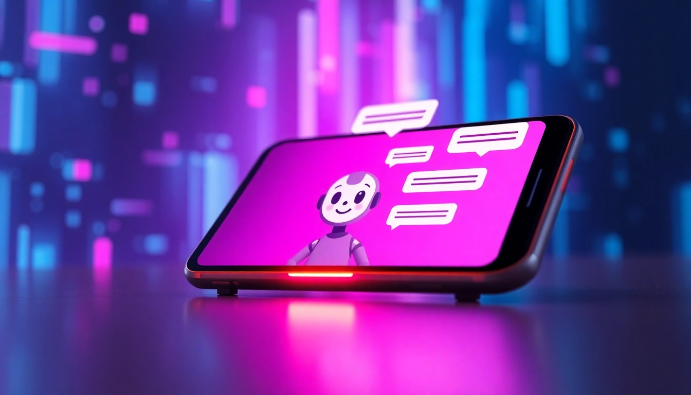 Digital chat interface with an AI character on a modern device in a neon-lit, futuristic environment.