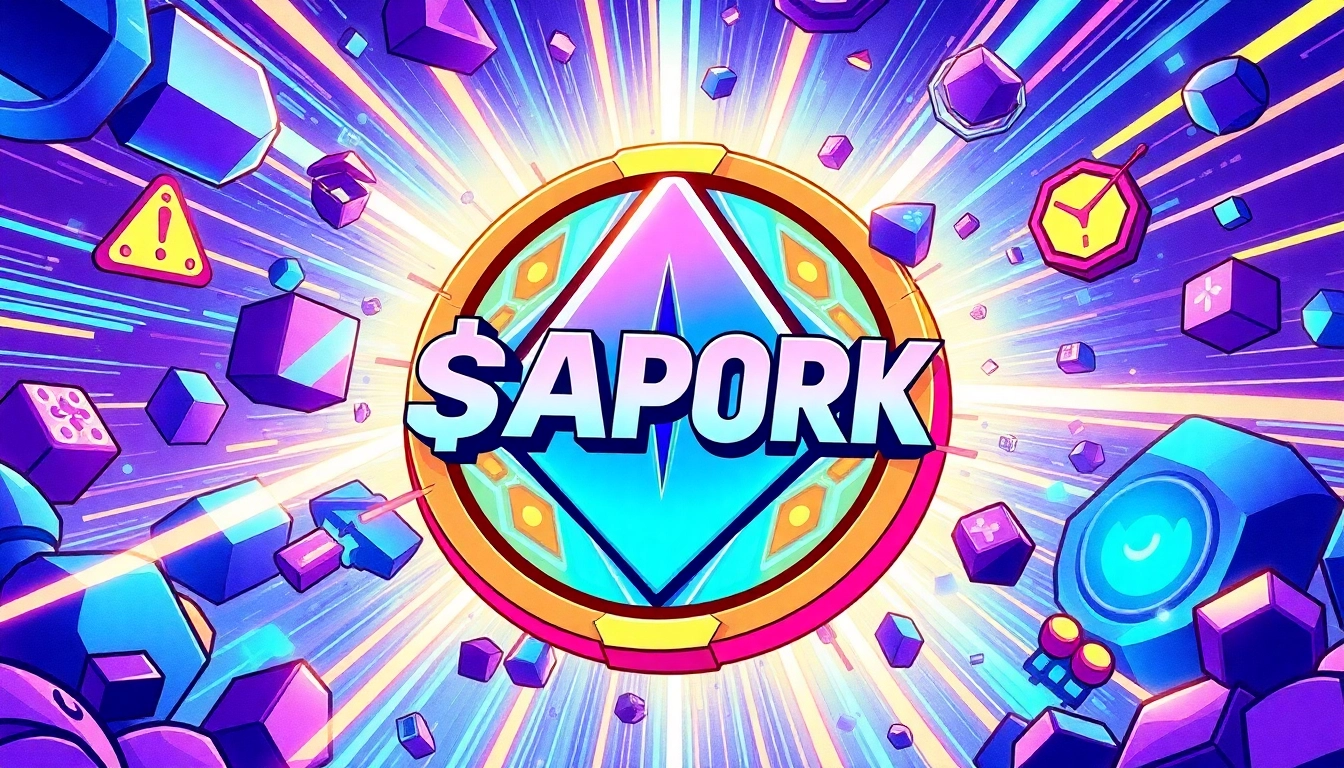 The APORK Token logo displayed prominently on a vibrant blockchain-themed background,