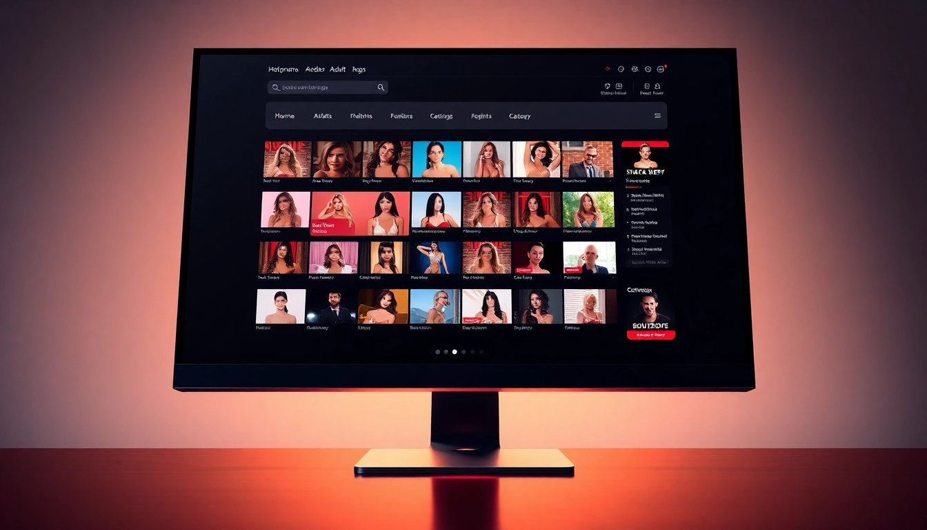 Modern adult website homepage displayed on a sleek computer monitor with diverse video thumbnails and vibrant interface.